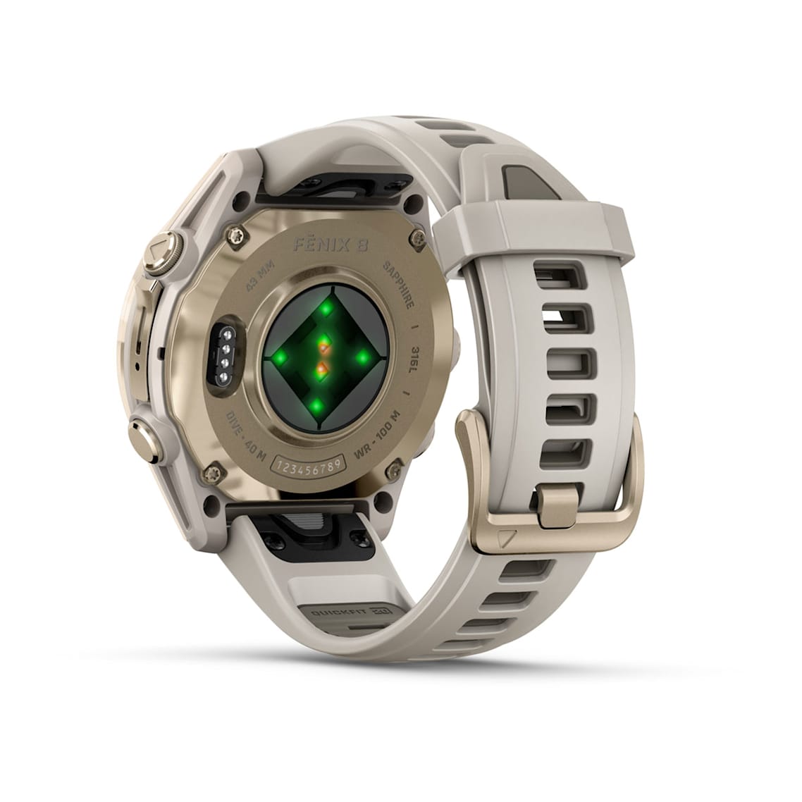 Fēnix® 8 – 43 mm AMOLED Soft Gold with Fog Gray/Dark Sandstone Band