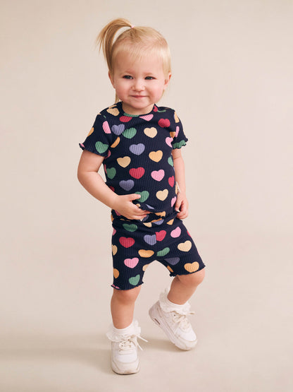 Multi Hearts Rib Tee  Set | Navy | Huxbaby
