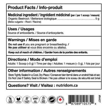 Nutridom RED BEET ROOT POWDER (90 Servings), 454g *Bonus Size