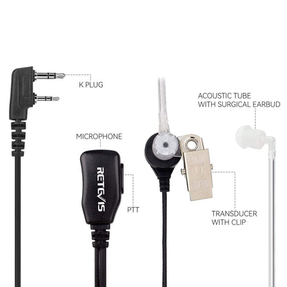 Retevis 2-Pin Covert Acoustic Tube Earpiece with PTT Mic (Secret Service Style)