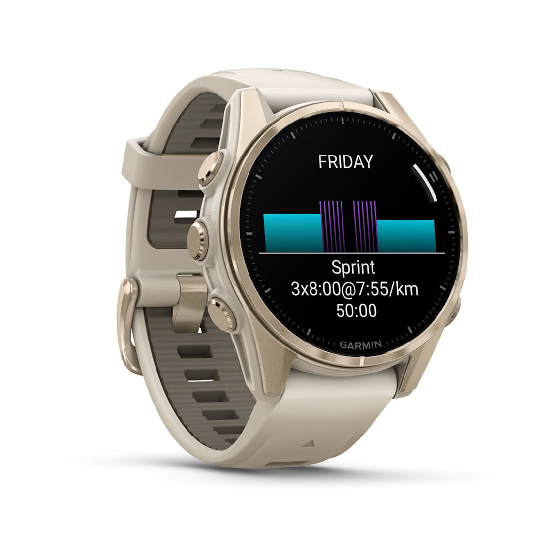 Fēnix® 8 – 43 mm AMOLED Soft Gold with Fog Gray/Dark Sandstone Band