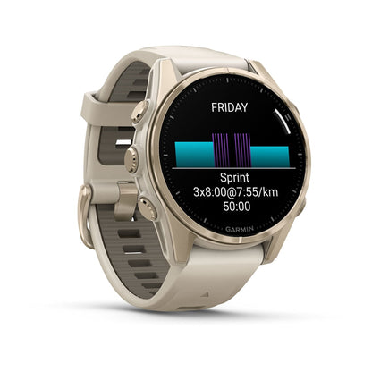 Fēnix® 8 – 43 mm AMOLED Soft Gold with Fog Gray/Dark Sandstone Band
