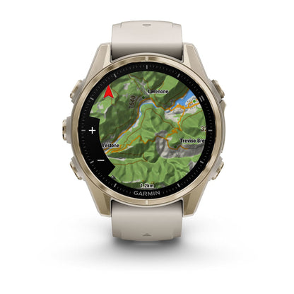 Fēnix® 8 – 43 mm AMOLED Soft Gold with Fog Gray/Dark Sandstone Band
