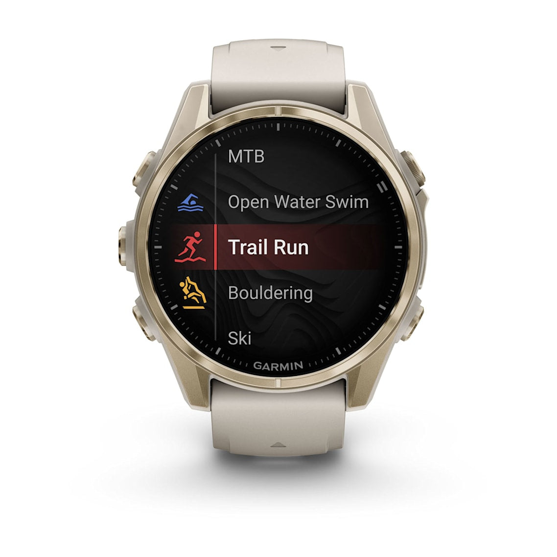 Fēnix® 8 – 43 mm AMOLED Soft Gold with Fog Gray/Dark Sandstone Band