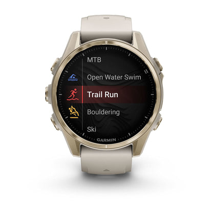 Fēnix® 8 – 43 mm AMOLED Soft Gold with Fog Gray/Dark Sandstone Band
