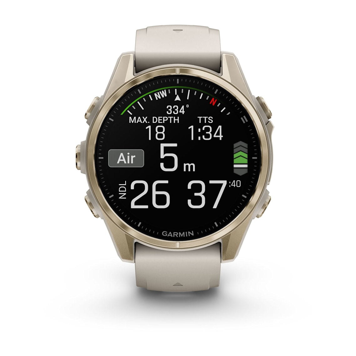 Fēnix® 8 – 43 mm AMOLED Soft Gold with Fog Gray/Dark Sandstone Band