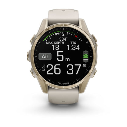 Fēnix® 8 – 43 mm AMOLED Soft Gold with Fog Gray/Dark Sandstone Band