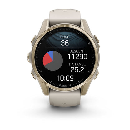 Fēnix® 8 – 43 mm AMOLED Soft Gold with Fog Gray/Dark Sandstone Band