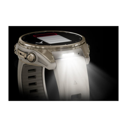Fēnix® 8 – 43 mm AMOLED Soft Gold with Fog Gray/Dark Sandstone Band