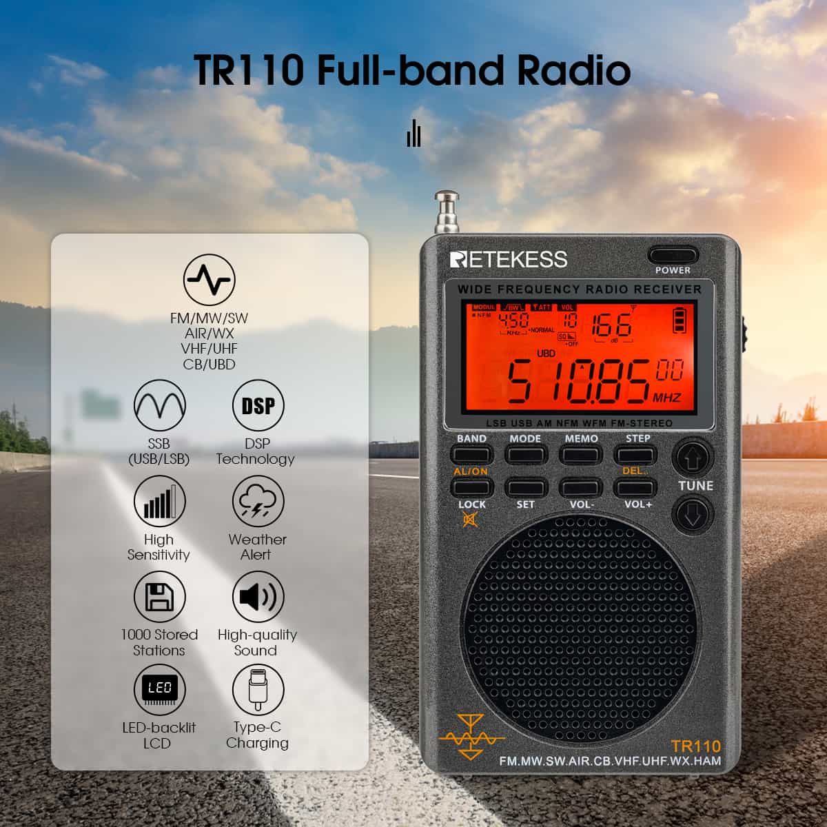 Retekess TR110 FM / MW / SW / USB / AIR / CB / VHF/ NOAA / UHF Portable Full Band Digital Radio Scanner