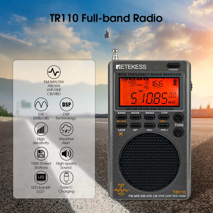 Retekess TR110 FM / MW / SW / USB / AIR / CB / VHF/ NOAA / UHF Portable Full Band Digital Radio Scanner