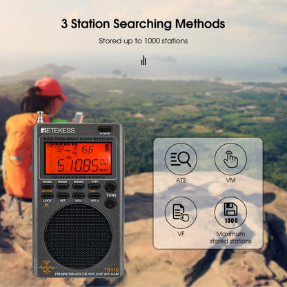 Retekess TR110 FM / MW / SW / USB / AIR / CB / VHF/ NOAA / UHF Portable Full Band Digital Radio Scanner