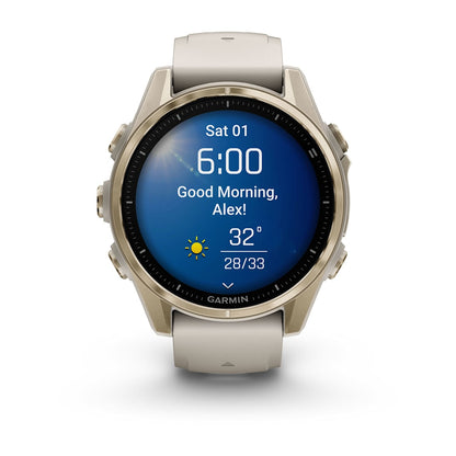 Fēnix® 8 – 43 mm AMOLED Soft Gold with Fog Gray/Dark Sandstone Band